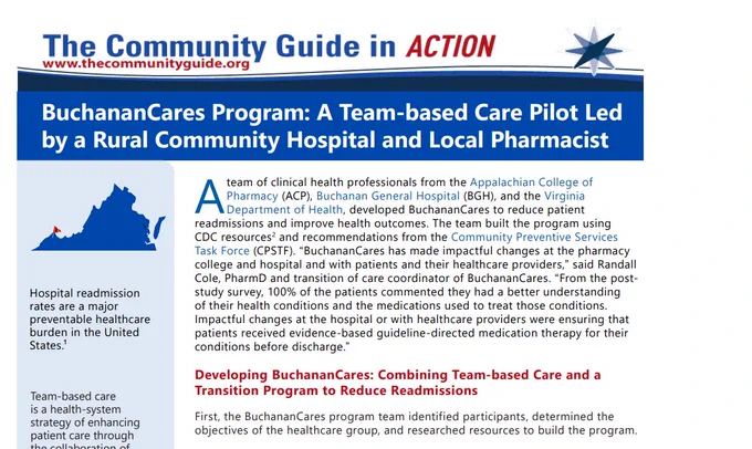 screengrab of first part of Community Guide in Action article titled: "BuchananCares Program: A team-based care pilot led by a rural community hospital and local pharmacist"