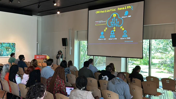 Angie Jones giving a talk at MagnoliaJS 2023