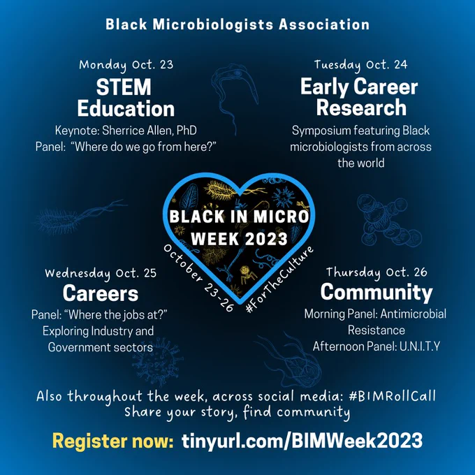 A dark blue gradient background flier with blue images of microbes, and a white font sentence case heading “Black Microbiologists Association.” At the center of it is a blue-outlined heart with yellow and blue microbes decorating. It has "BLACK IN MICRO WEEK 2023" written in the center in bold white text. "October 23-26" and "#ForTheCulture" frame the bottom of the heart in a white handwriting font. Four themes of the conference stated on the flyer. Top left: "Monday, Oct. 23 STEM Ed, Keynote: Sherrice Allen, PhD; Panel: "Where do we go from here?"". Top right “Tuesday, Oct. 24 Early Career Research, Symposium featuring Black Microbiologists from across the world”. Bottom left "Wednesday, Oct. 25; Careers Panel: "Where the jobs at?" Exploring Industry and Government sectors”. Bottom right: "Thursday, Oct. 26 Community, Morning Panel: Antimicrobial Resistance Afternoon Panel: U.N.I.T.Y". A yellow, bolded text "Register now:” with the registration link www.tinyurl.com/BIMWeek2023.