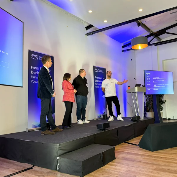 Ahmed Nuaman speaking at the AWS Business Transformed Event, Birmingham, UK.