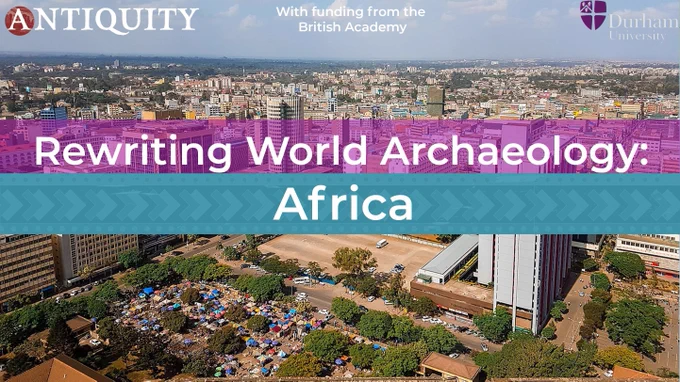 View of a city with the text 'Rewriting World Archaeology: Africa'.