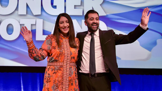 SNP leader and First Minister Humza Yousaf with his wife Nadia El-Nakla at the party's Aberdeen Conference.