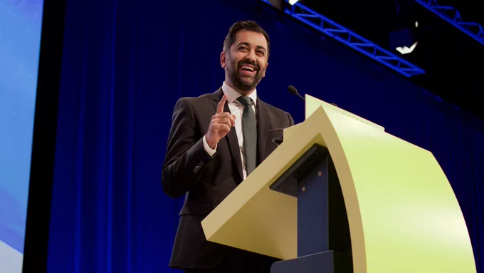 SNP leader and First Minister Humza Yousaf on stage at the party's Aberdeen Conference.