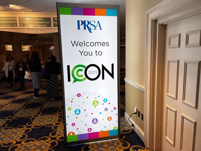 Banner in a lobby that reads: PRSA Welcomes You to ICON.