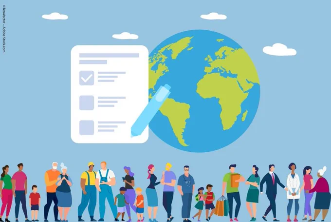 illustration showing the Earth, a pen filling in a survey, and a lot of different people of all ages and ethnicities walking in the same direction.