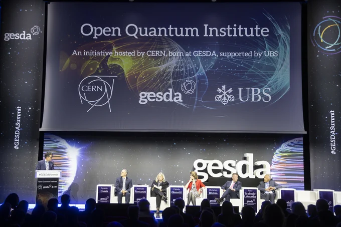 From left to right: Ignazio Cassis, Federal Councillor Minister of Foreign Affairs of Switzerland; Nathalie Fontanet, Geneva Cantonal State Councillor; Fabiola Gianotti, Director-General, CERN; Christian Bluhm, Group Chief Risk Officer, UBS, Switzerland; Peter Brabeck-Letmathe, Chairman, Board of Directors, GESDA Foundation, Switzerland

Moderator: Sandro Giuliani, CEO, GESDA Foundation during the Session: Special Announcement: Launch of the Open Quantum Institute at the GESDA Meeting in Geneva 2023 Friday 13th of October 2023

Copyright: GESDA / von Loebell