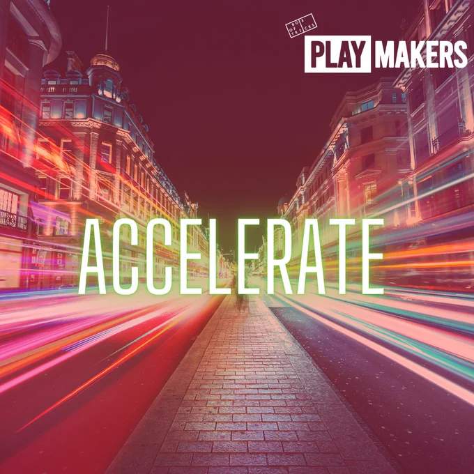 An image of a city, bright and blurred, as though it is moving very quickly. 'Accelerate' is written across the middle of the image in bright neon green