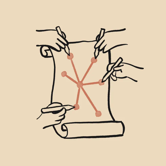An illustrated line drawing of a scroll of paper (representing a constitution) on a beige background. Four hands hold pens and write on the scroll to convey the collective process of designing a constitution from public opinion. The scroll has no words, but a graphic that looks like a stylized asterisk.