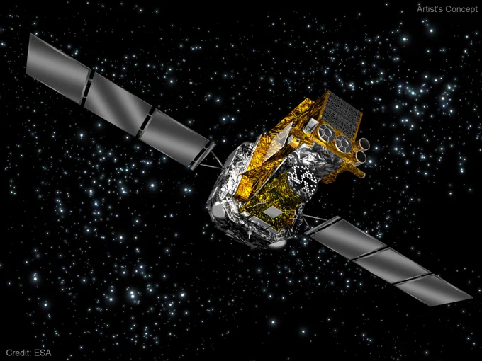 This illustration shows ESA's INTEGRAL gamma-ray observatory in orbit against a background of stars. At the rear of the spacecraft is a silver box with two gray, segmented solar panels extending from it like wings. In front of this is a variety of instruments and other hardware wrapped in gold and silver foil. Pointed toward us are a dark gray circle covered in small white dots, a black square crisscrossed with thin lines, and four smaller circular features. The image is watermarked “Artist’s concept” and “Credit: ESA.”