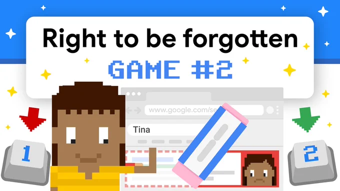 A YouTube thumbnail showing the fictional character Tina smiling and a frowning image search result of Tina, for round 2 of the interactive "Right to be forgotten" game.