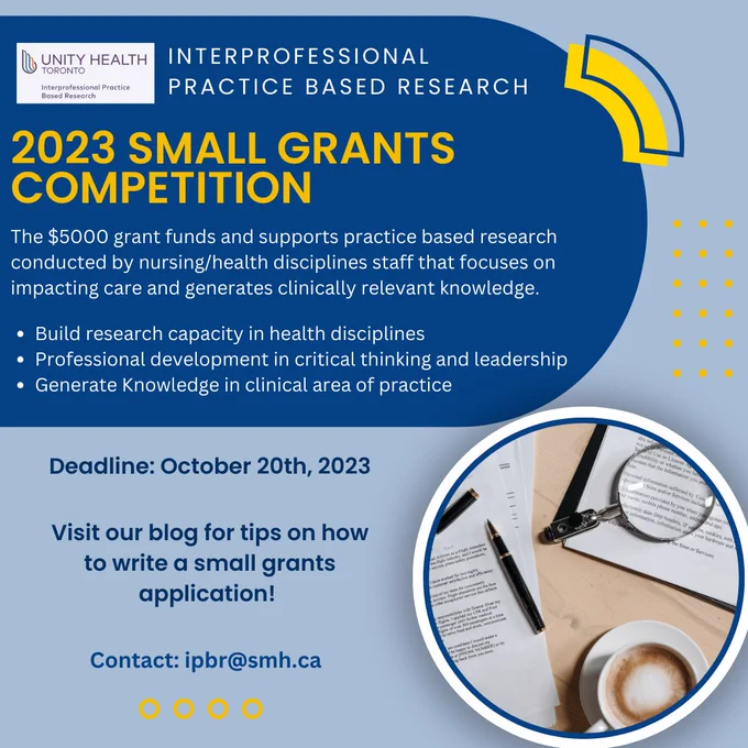 Blog: https://unityhealth.to/research-and-education/interprofessional-practice-program/interprofessional-practice-based-research/ipbr-blog/#small-grant-application-writing-hacks 

Submit an Application: https://unitynet.unity.local/departments-programs-services/research/interprofessional-practice-based-research/programs/