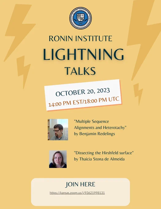 Research Scholars Benjamin Redelings (@ben_r_i) and Thaicia Stona de Almeida are to present Lightning Talks 'Multiple Sequence Alignments and Heterotachy' and 'Dissecting the Hirshfeld surface' on Friday 20th October 2023: https://kansas.zoom.us/j/93621998131 