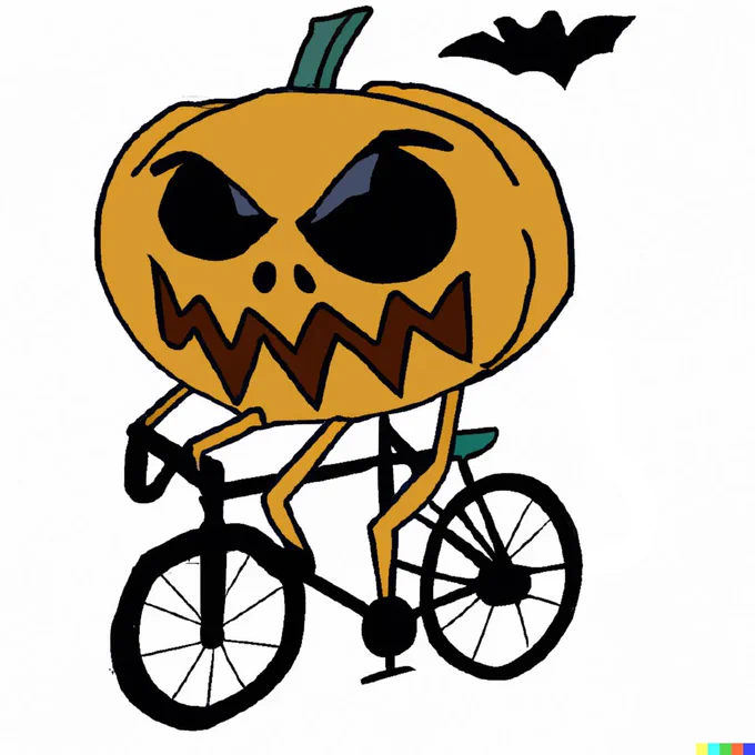 Furchterregend schauender Kürbis auf einem Fahrrad
