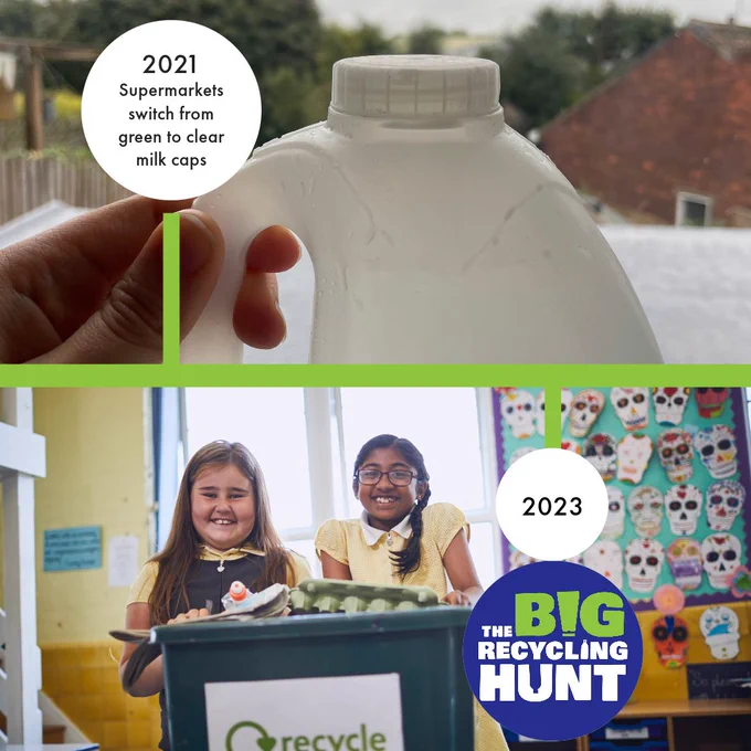 A timeline of recycling progress. The top half of the image is of a milk bottle top. The timeline bubble reads '2021 Supermarkets switch from green to clear milk caps.' The bottom half of the image is of school children holding a recycling bin. The timeline bubble reads '2023 The Big Recycling Hunt.'