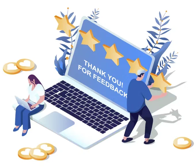Illustration of people leaving positive comments with good feedback on a laptop. 