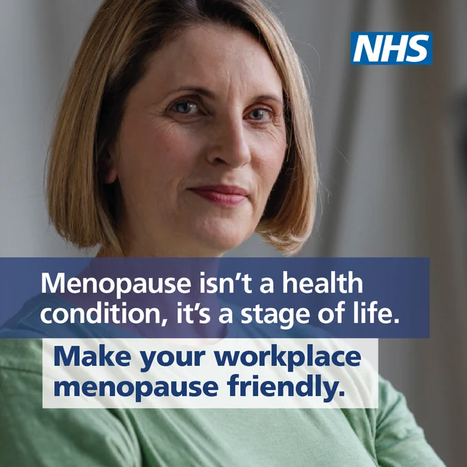 A white woman with short blonde hair looks to the front, she is wearing a pale green top. The text reads: Menopause isn't a health condition, it's a stage of life. Make your workplace menopause friendly.