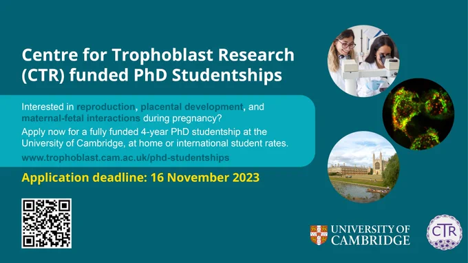 Centre for Trophoblast Research (CTR) funded PhD Studentships | Interested in reproduction, placental development, and maternal-fetal interactions during pregnancy? Apply now for a fully funded 4-year PhD studentship at the University of Cambridge, at home or international student rates. Application deadline: 16 November 2023