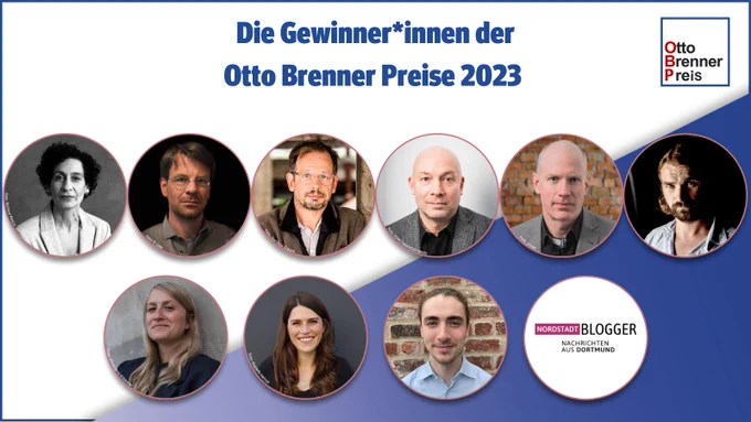 Die Gewinner*innen der Otto Brenner Preise 2023: Sonia Zekri, Hajo Seppelt, Jörg Winterfeldt, Wigbert Löer, Peter Wozny, Fritz Schaap, Carmen Maiwald, Vanessa Materla, Tim Morgenstern, Nordstadblogger.
