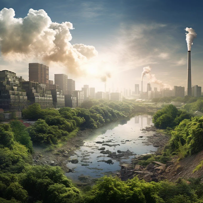 An image depicting polluted city air contrasting with clean, green environments