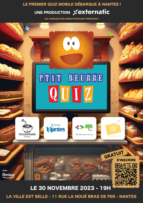 Affiche de l'événement P'tit Beurre Quiz. Avec Externatic, Cocoaheads Nantes, Flutter Nantes, GDG Nantes Android et React Nantes.