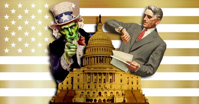 An American flag, its blue and red elements replaced with shimmering gold. Before it is a gilded version of the US Capitol Dome. From behind it loom a giant, zombified Uncle Sam and an impatient man in a business suit, starting at a sheaf of papers.