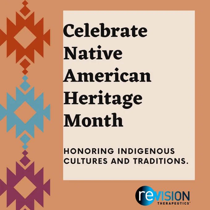 On a tan background, text on the right side says, “Celebrate Native American Heritage Month. Honoring indigenous cultures and traditions.” On the left side is a tribal ganado-like pattern in orange, blue, and purple.