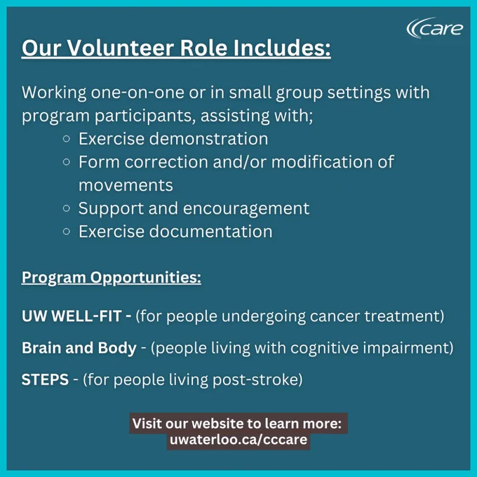 Text reads “Our volunteer role includes: Working one-on-one or in small group settings with program participants, assisting with; exercise demonstration, form correction and/or modification of movements, support and encouragement, exercise documentation. Program Opportunities: UW WELL-FIT - (for people undergoing cancer treatment), Brain and Body - (people living with cognitive impairment), STEPS - (for people living post-stroke).”