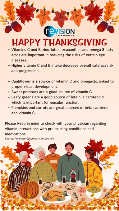 On a tan background, the text says, “Happy Thanksgiving.” The image includes vitamins in different Thanksgiving foods that benefit eye health, including greens, pumpkin, cauliflower, carrots, and sweet potato. Below the text is a drawing of a family sitting for Thanksgiving dinner.