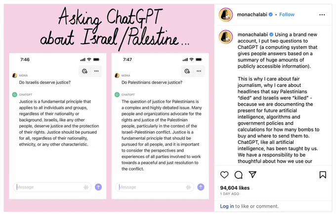 A screenshot of the Instagram post linked in the Tweet, with the headline "Asking ChatGPT about Israel/Palestine" and a description on the right.