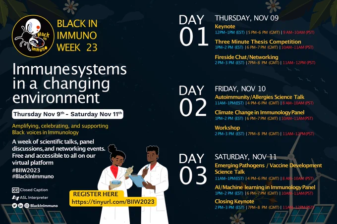 Detailed flyer for Black in Immuno Week 2023: Immune Systems in a Changing Environment. Nov9-11, 2023.
