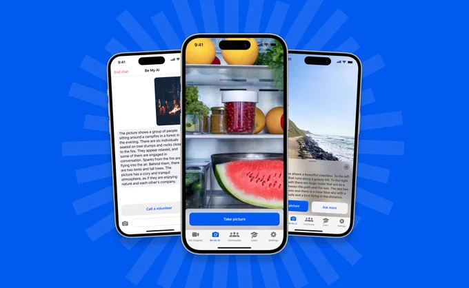 Three iPhones showing the preview of the Be My AI interface, with different use cases in which pictures are described through Be My AI.