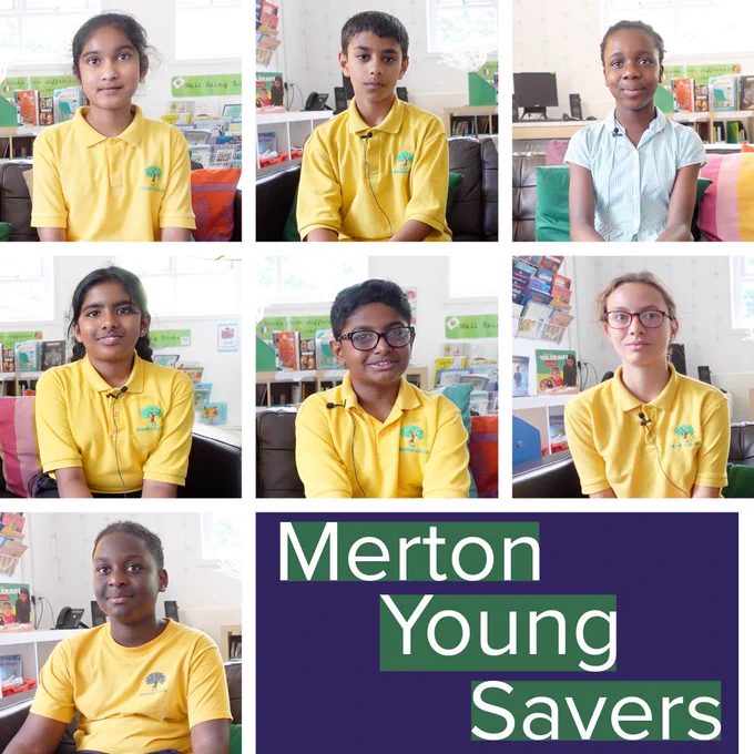 Image shows seven pupils from The Sherwood Primary School. The text reads 'Merton Young Savers'
