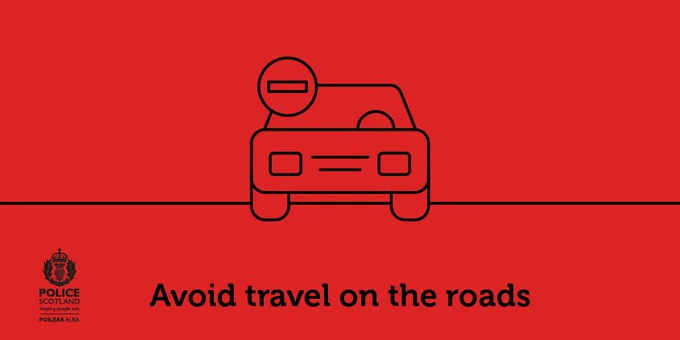 A bright red background with the outline of a car and a no entry sign. 

Text reads: "Avoid travel on the roads."

This graphic accompanies a post about the red weather warning for Storm Babet and advice not to travel.