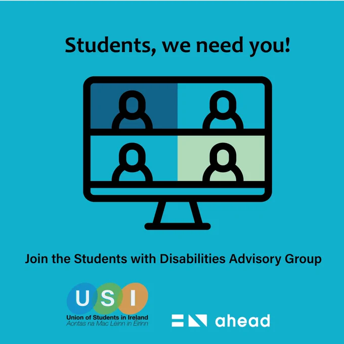 Alt text: Brightly coloured image with a graphic of 4 people on a screen and the USI and AHEAD logos