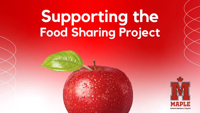 A red apple against a red gradient background with text reading Supporting the Food Sharing Project.