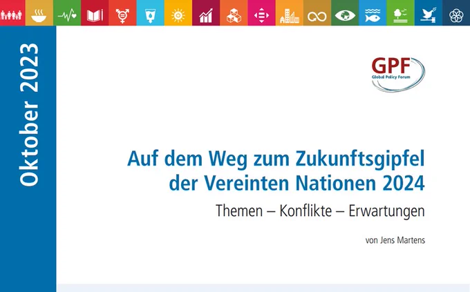 Im September 2024 findet bei den Vereinten Nationen in New York ein Gipfeltreffen statt, das sich mit einigen wesentlichen Zukunftsfragen der Menschheit befassen soll. Dieses als Zukunftsgipfel (Summit of the Future) apostrophierte Treffen soll der Umsetzung der Agenda 2030 für nachhaltige Entwicklung zusätzlichen Schwung verleihen, aber über das Spektrum ihrer Ziele, der SDGs, weit hinausreichen. Die vorgesehene Themenpalette des Gipfels reicht von der Reform der globalen Finanzarchitektur über eine neue Agenda für Frieden und internationale Sicherheit, die digitale Zusammenarbeit und die Rechte zukünftiger Generationen bis zur Transformation der Global Governance.