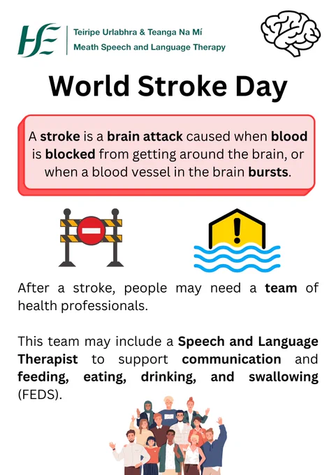 World Stroke Day

This Sunday is World Stroke Day.

A stroke is a brain attack caused when something blocks blood getting around the brain, or when a blood vessel in the brain bursts.

Stroke can affect different parts of the brain in different ways. Speech and Language Therapists can help if communication and feeding have been affected.