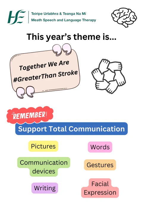 This Sunday is World Stroke Day.

The theme this year is "Together we are #GreaterThan Stroke".

If you know someone whose communication has been affected by stroke, remember that all communication is valid. This might include: 

Communication devices
Words
Gestures
Facial expressions
Writing
Pictures
and many more!

