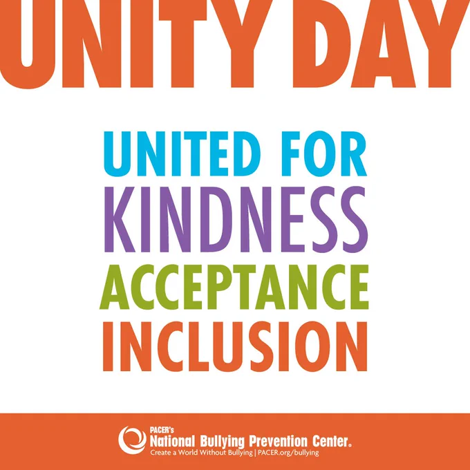 “Unity Day, United for Kindness, Acceptance, Inclusion” in various colors across the top and middle of the image with the National Bullying Prevention Center’s logo at the bottom.