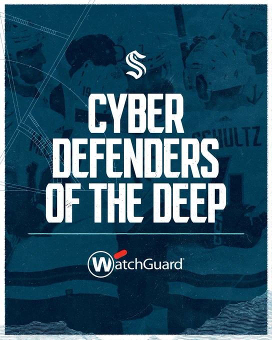 blue graphic with white text in the middle that reads: Cyber Defenders of The Deep

white kraken logo at the top and WatchGuard logo on the bottom

background is an image of team celly 
