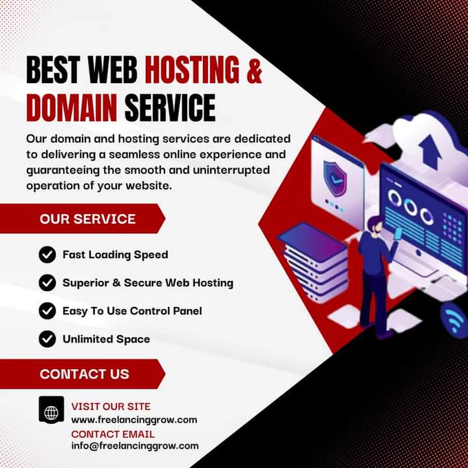 Are you ready to revolutionize your online presence? 🌐 Look no further than our premium domain and hosting services. We're here to provide you with the ultimate online experience, ensuring your website stays up and running seamlessly. Say goodbye to the frustration of downtime and hello to a new era of reliability and performance.

Our state-of-the-art domain services empower you with a unique online identity, making it easier for your audience to find you. Coupled with our rock-solid hosting, your website will load faster, stay secure, and handle traffic spikes with ease.

Visit must: freelancinggrow.com
Contact Email: info@freelancinggrow.com

Join the ranks of satisfied website owners who have entrusted their online success to us. Make the switch today and witness the difference in performance, reliability, and support. Don't let your website lag behind; make the smart choice with our #WebHostingSolutions and #DomainMasters. Elevate your online presence today!"