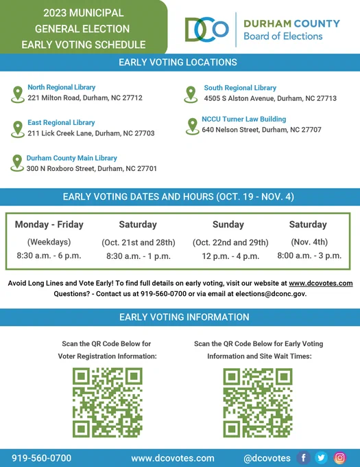 Early Voting flyer from the Durham County Board of Elections for the Early Voting period of the 2023 Municipal General Election. Includes two QR codes for information, locations, and dates and times for early voting.