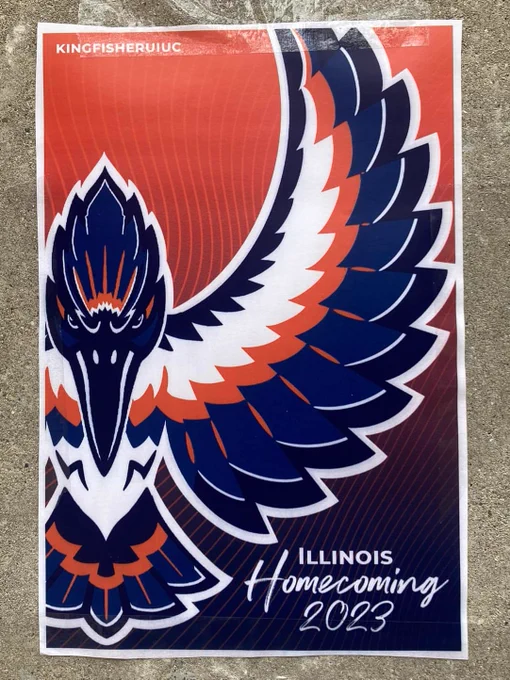 gorgeous poster for Illinois Homecoming 2023, made by the Kingfisher UIUC crew. The image shows a Belted Kingfisher, and aggressive-looking blue, orange, and white bird, with her wings spread on an orange and blue background
