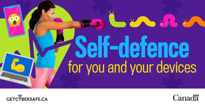 A woman prepares to be in a boxing match. "Self-defence for you and your devices"