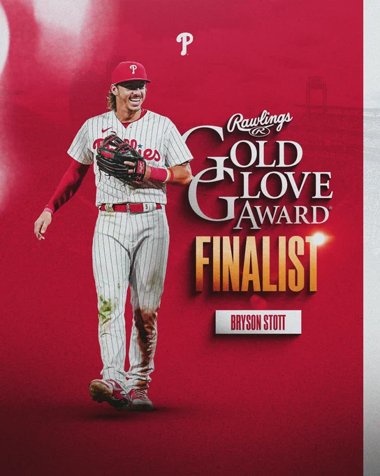 Graphic announcing Bryson Stott as a Rawlings Gold Glove Award Finalist. To the left of the logo and text is a cutout of Stott smiling and walking with his glove on his left hand in the red pinstripes Phillies uniform.