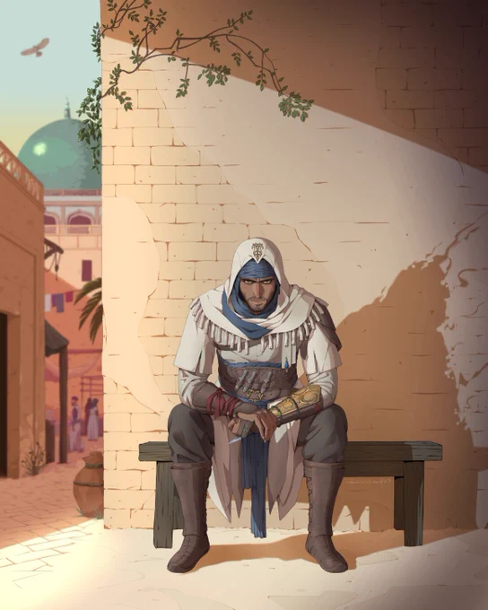 A piece of artwork showing Basim sitting on a bench. The streets of Baghdad can be seen behind me. 
