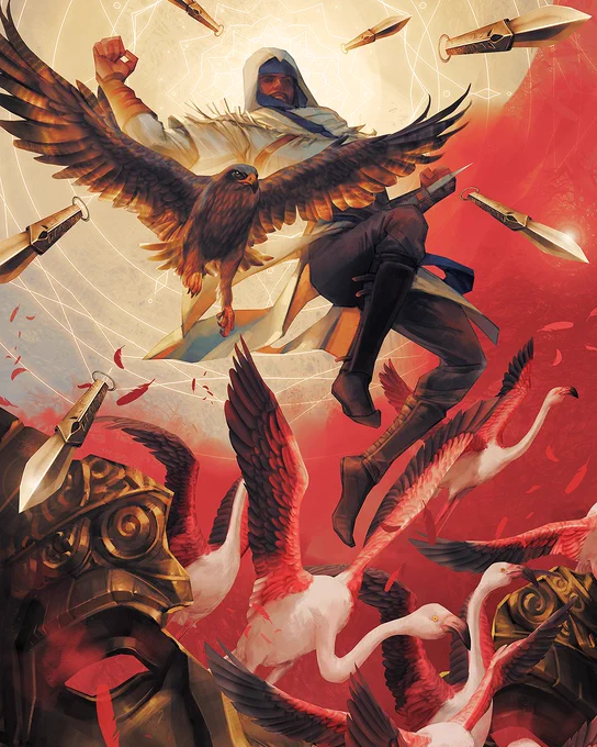 A piece of artwork showing Basim leaping through the air - his eagle flies by his side, as he throws throwing knifes towards his enemies. 