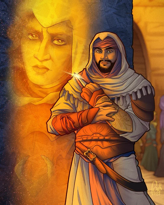 A piece of artwork showing Basim in his Assassin's robes facing the viewer, his hidden blade drawn. A dreamlike image of Roshan can be seen in the background. 