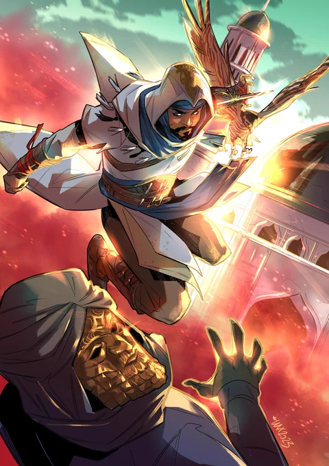 A piece of artwork showing basim assassinating a masked figure. His eagle soars alongside him.