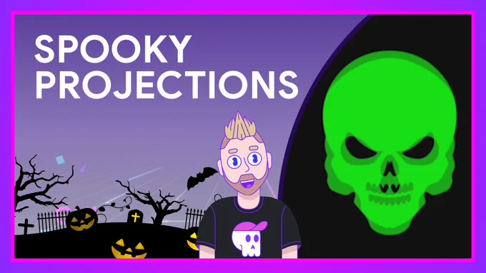GUI Challenge video thumbnail showing the host's animated character looking like a zombie, and a spooky bright green skull projection. Title reads Spooky Projections